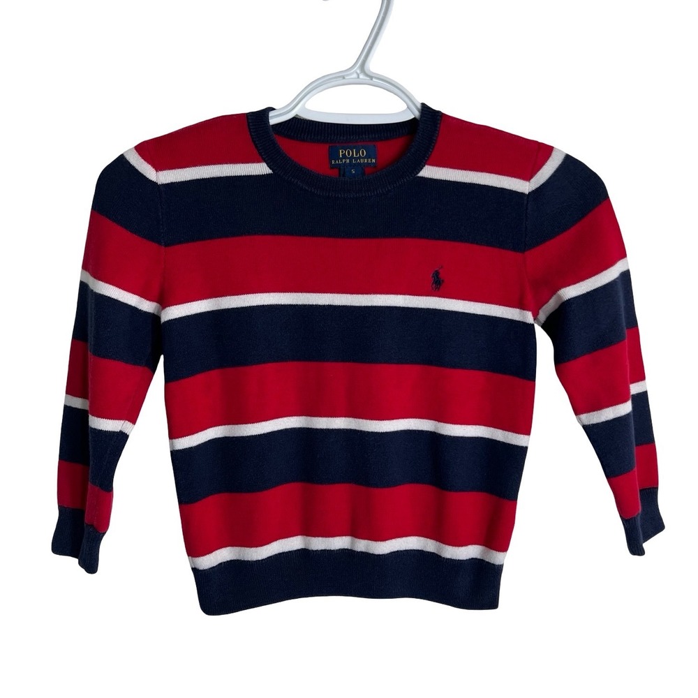 Polo Ralph Lauren Boys Red Navy Blue White Striped Cotton Knit Sweater Size 5
